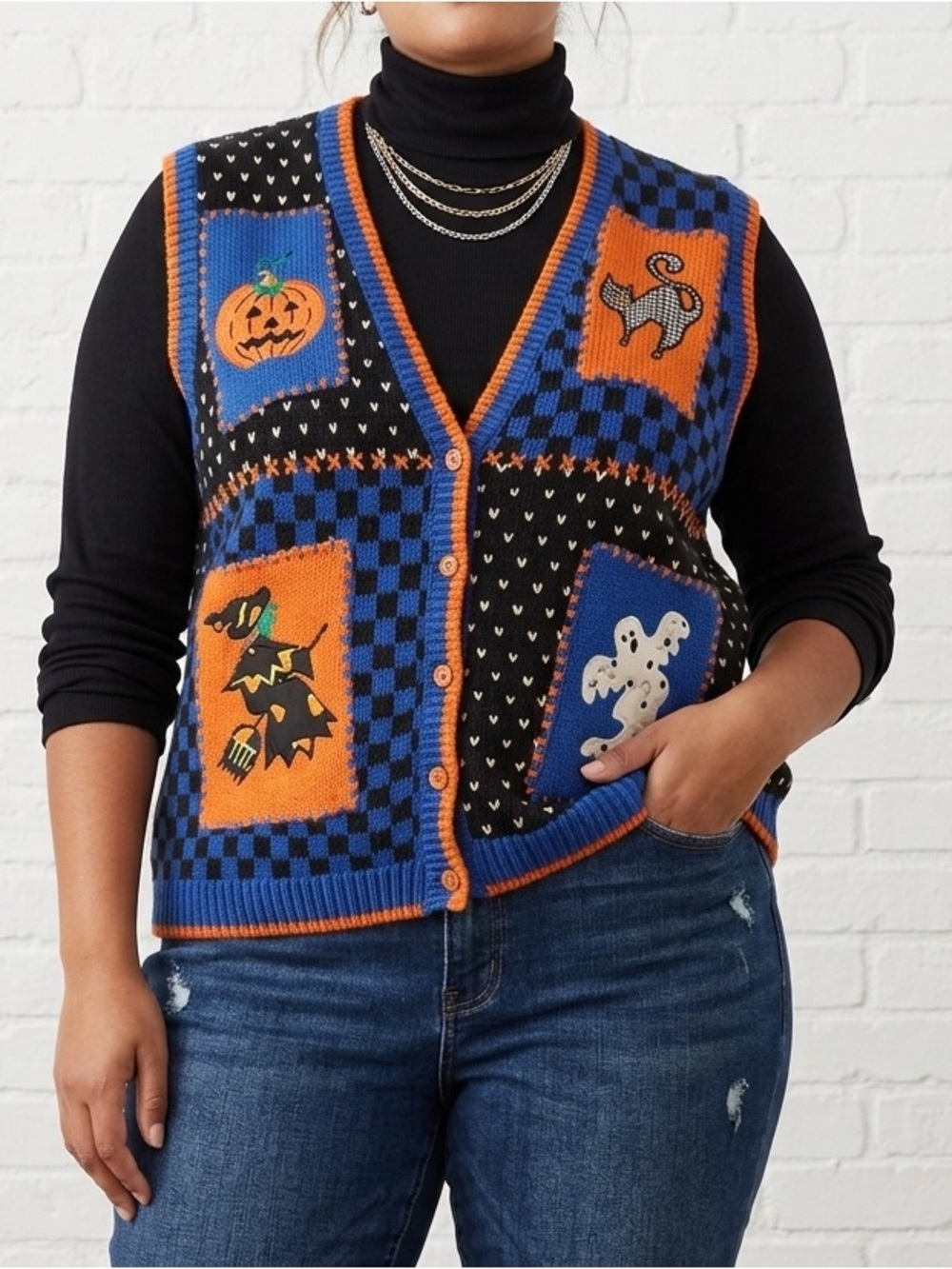 Vintage Belle Pointe Halloween Sweater Vest Pumpkin Ghost Cat Witch Large